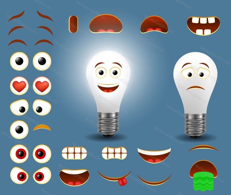Light bulb emoji maker, smiley creator. Vector set of emoticon face parts for your own electrical lamp emoji creation with different facial expressions.