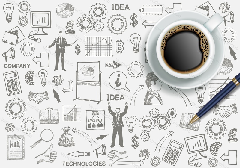 Реалистичный вид сверху чашка кофе на фоне нарисованных от руки символов бизнеса и финансов, векторная иллюстрация. Шаблон дизайна плаката 