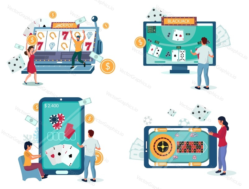 Online casino gambling set, vector illustration isolated on white background. People playing internet slot machine game, poker roulette blackjack from smartphone, tablet, laptop and desktop computers.