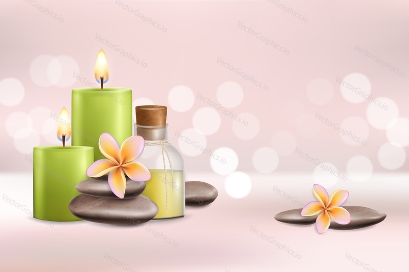 Spa vector poster design template with realistic aroma candles, oil bottle, stones, flowers and copy space. Wellness and spa salon services concept.