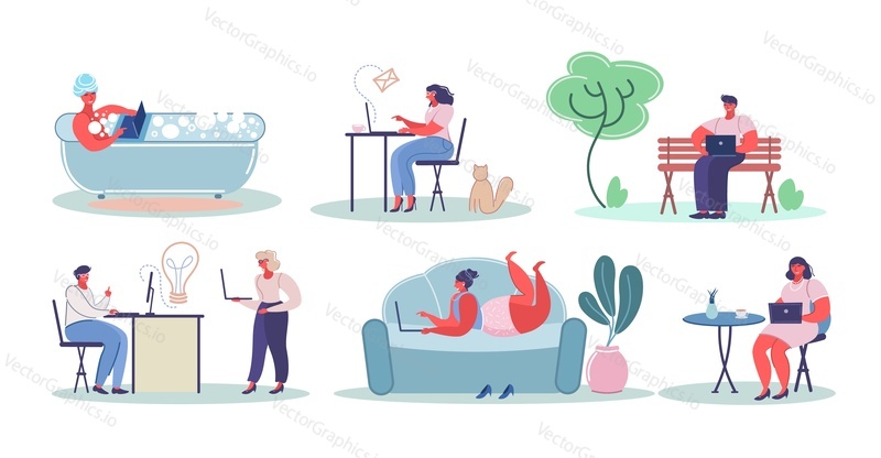 Male and female cartoon characters working, surfing the net using laptop computers at home, in office, cafe and in the park, vector flat illustration isolated on white background.