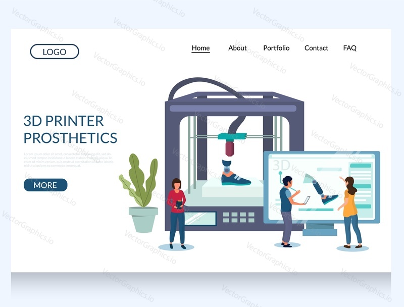 3d printer prosthetics vector website template, web page and landing page design for website and mobile site development. 3d printing medical technology, prototyping of leg prostheses concept.