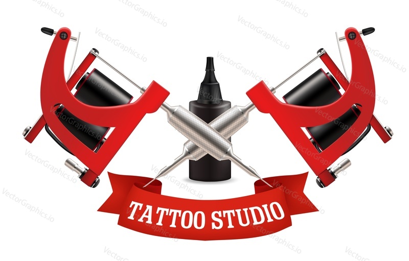 Tattoo studio label, emblem, logo vector template. Realistic two red crossed tattoo machines, ink bottle and red ribbon on white background.