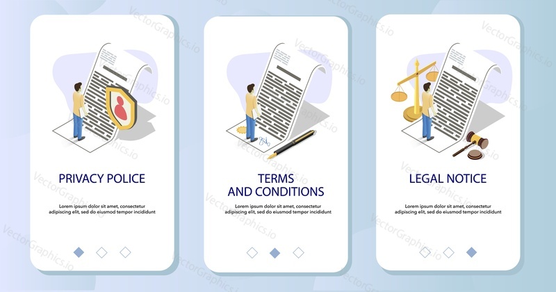Privacy police, Terms and conditions, Legal notice mobile app onboarding screens. Menu banner vector template for website and application development. Business agreement drafting and legal vetting.