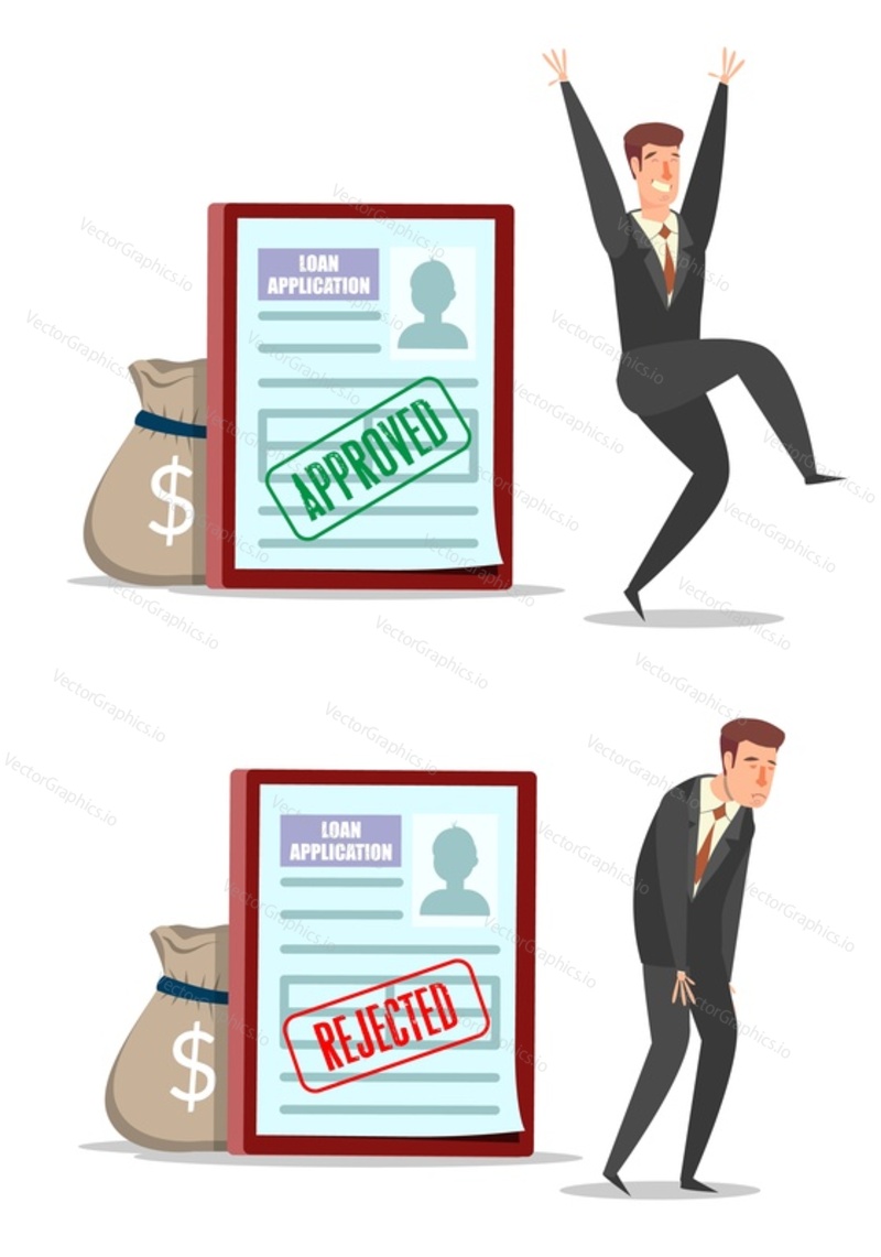 Loan agreements with approved and rejected stamps, happy and sad businessmen cartoon characters, money bags, vector flat style design illustration. Loan application, banking concept.