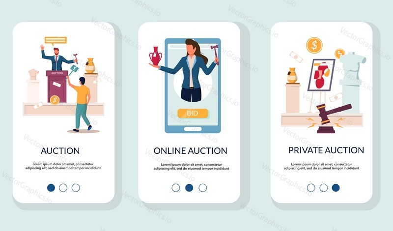 Auction mobile app onboarding screens. Menu banner vector template for website and application development. Private and online auction of antique vase with male, female characters auctioneer and buyer