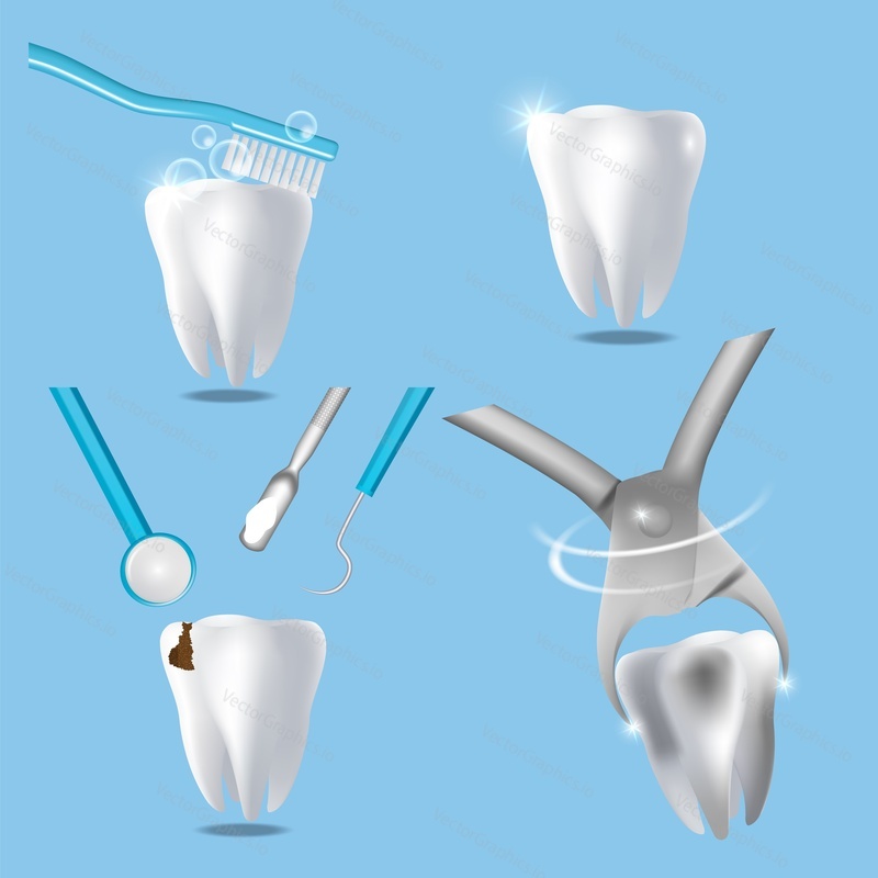 Dental services, vector isolated illustration. White brilliant healthy tooth, dental treatment, tooth extraction and toothbrushing procedures. Dentistry concept for poster, banner, website page etc.