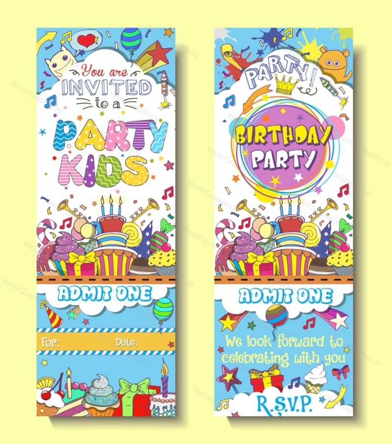Kids birthday party invitation card vector template with hand drawn funny and cute characters, sweets, cake, gift boxes, party decorations and hand lettering.
