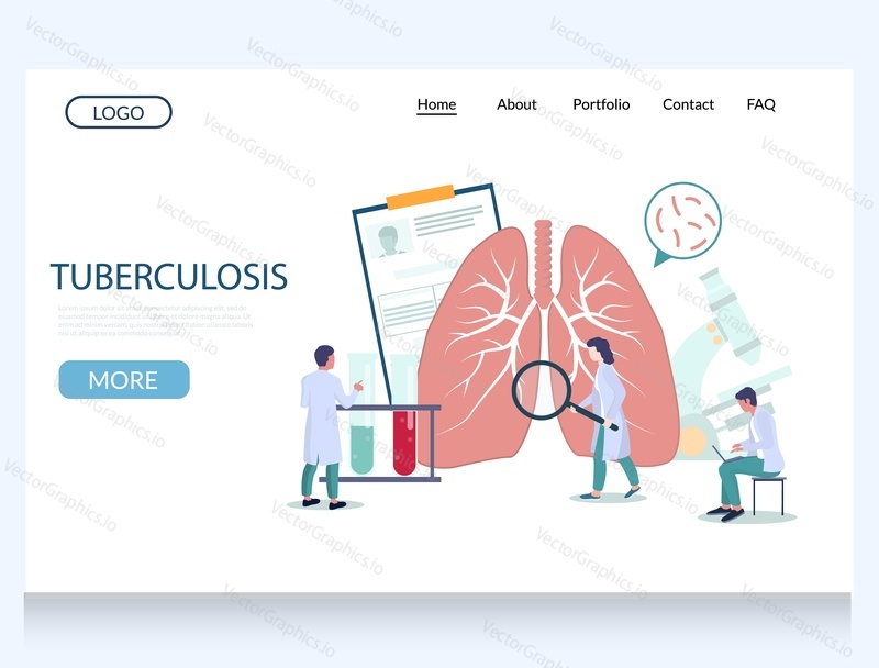 Tuberculosis vector website template, web page and landing page design for website and mobile site development. Micro doctor inspecting human lung with magnifier. Pulmonology, respiratory medicine.
