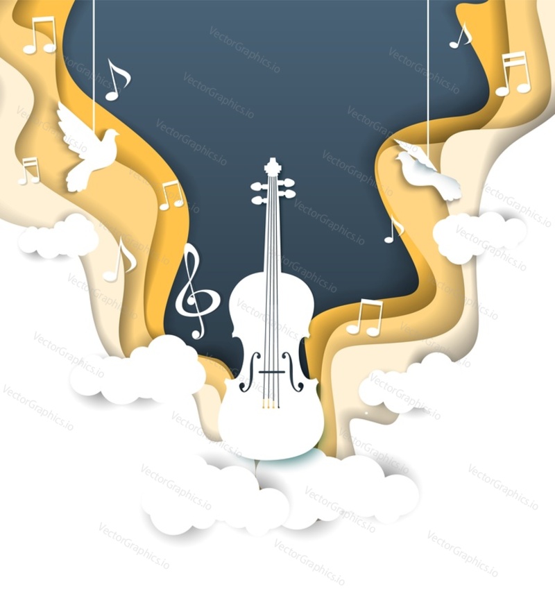 Vector layered paper cut style music background with violin musical instrument, music notes, treble clef and doves. Musical poster design template with copy space for classical music concert.