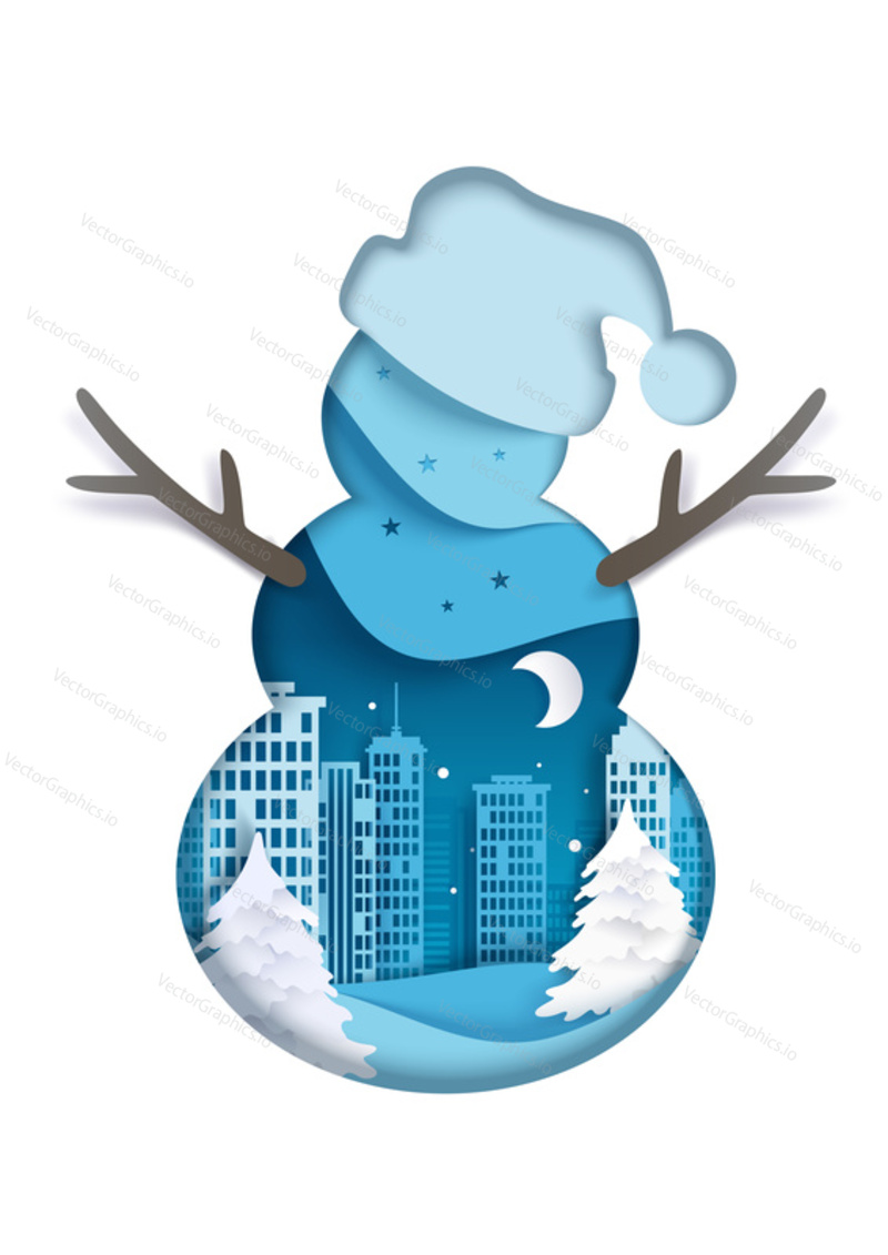 Double exposure vector layered paper cut snowman silhouette with winter night city scenery inside. Winter trendy composition for greeting card, poster, banner, website page etc.