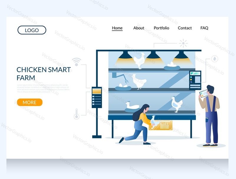 Chicken smart farm vector website template, web page and landing page design for website and mobile site development. Poultry farming control technology concept.