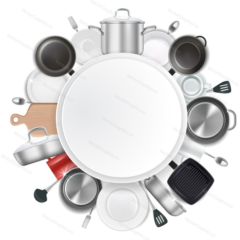 Frame with kitchen utensils and dishes, realistic vector illustration. Kitchenware card template with copy space. Cookware and kitchen tools.