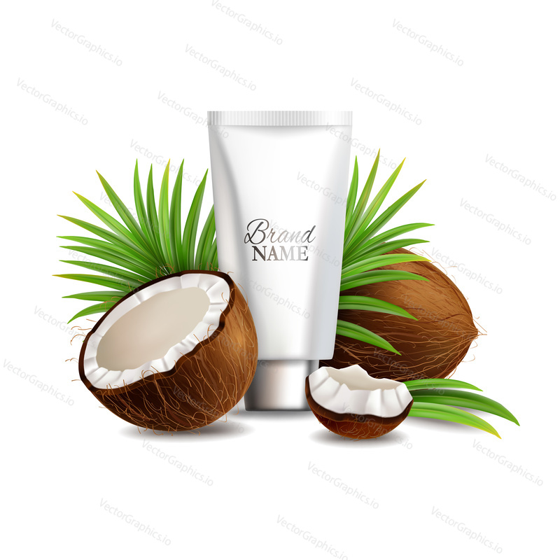 Натуральная кокосовая косметика, векторная иллюстрация. Реалистичный кокос целиком и наполовину, тюбик с кремом, листья пальмы. Композиция кокосовой органической косметики по уходу за кожей для плаката, баннера, этикетки, стикера и т.д.