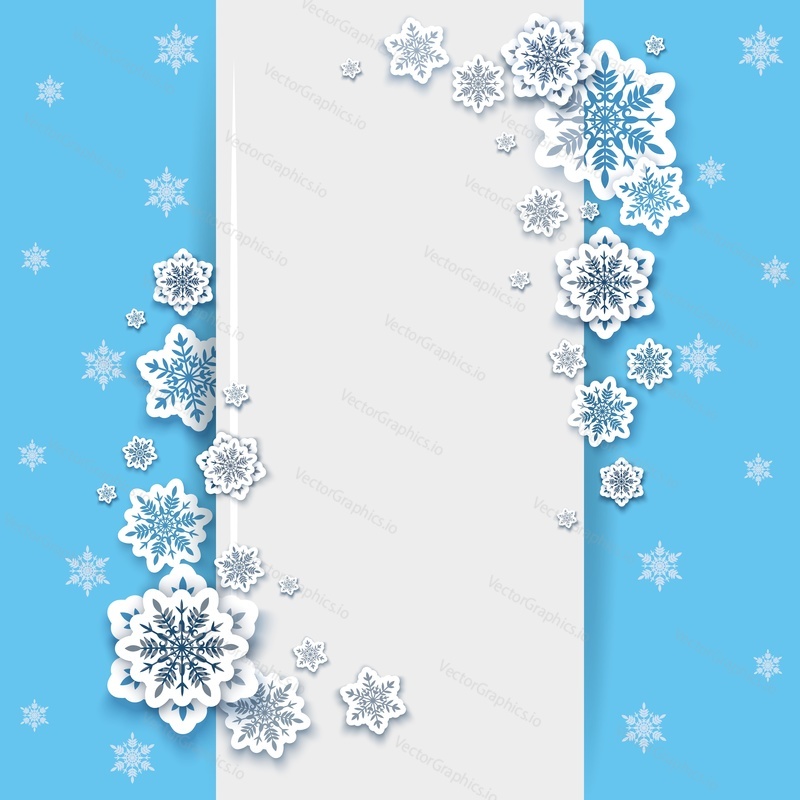 Merry Christmas Happy New Year vector poster design template with beautiful paper cut snowflakes and copy space.