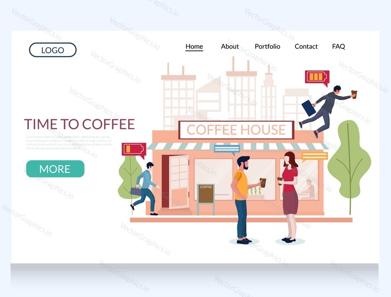 Time to coffee vector website template, web page and landing page design for website and mobile site development. Coffee break concept with male and female characters business people with coffee cups.