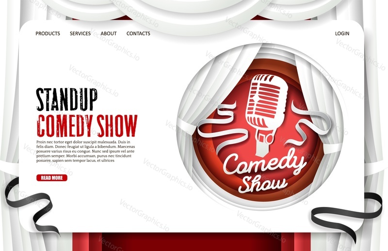 Stand up comedy show vector website template, web page and landing page design for website and mobile site development. Paper cut white theatre scene curtains and microphone silhouette, ribbons.