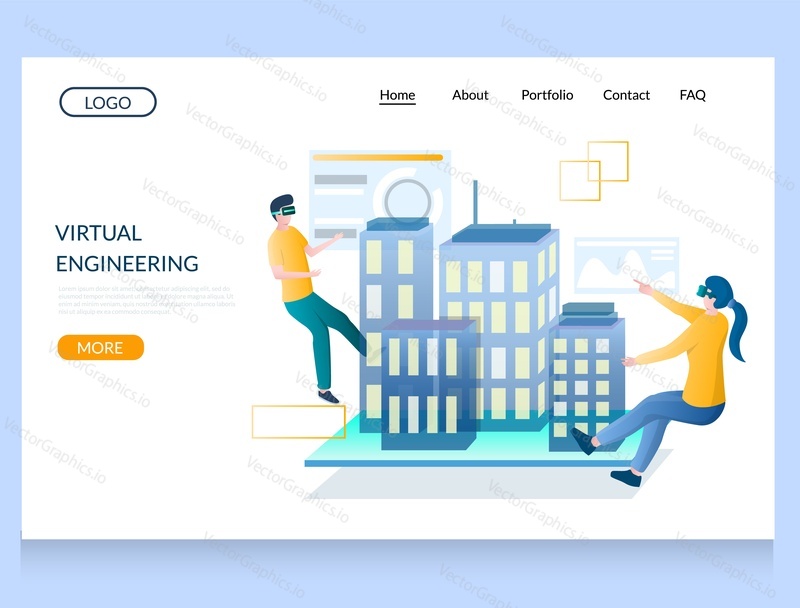 Virtual engineering vector website template, web page and landing page design for website and mobile site development. VR for architectural projects and construction.