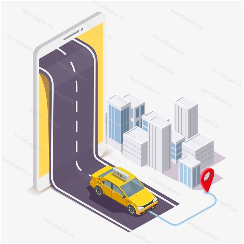 Isometric smartphone with yellow taxi cab going down the road, city and location pin, vector illustration. Taxi service mobile application, online navigation app concept.