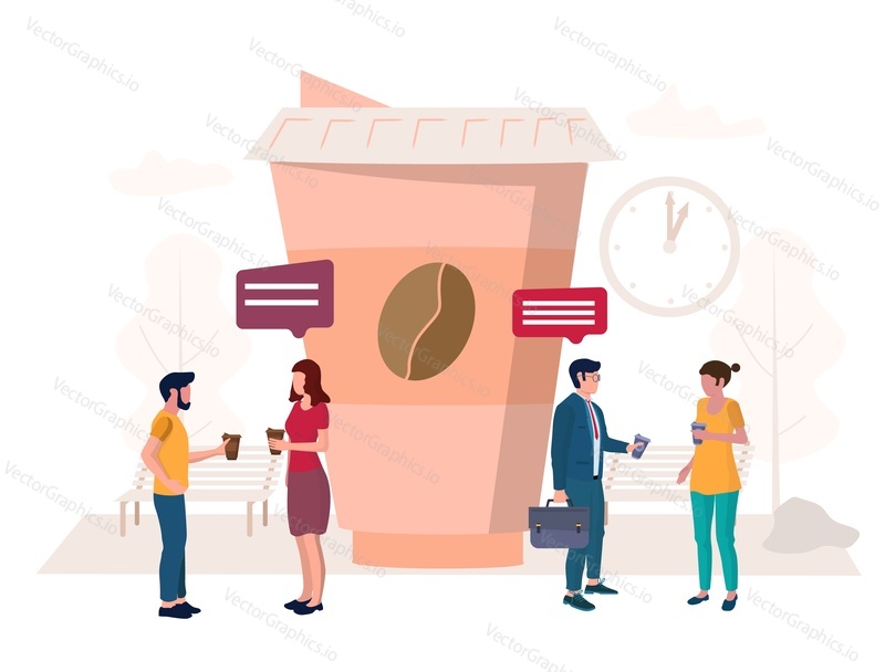 Coffee break concept vector illustration. Huge takeaway coffee cup and micro male and female characters with coffee to go communicating, discussing something etc.