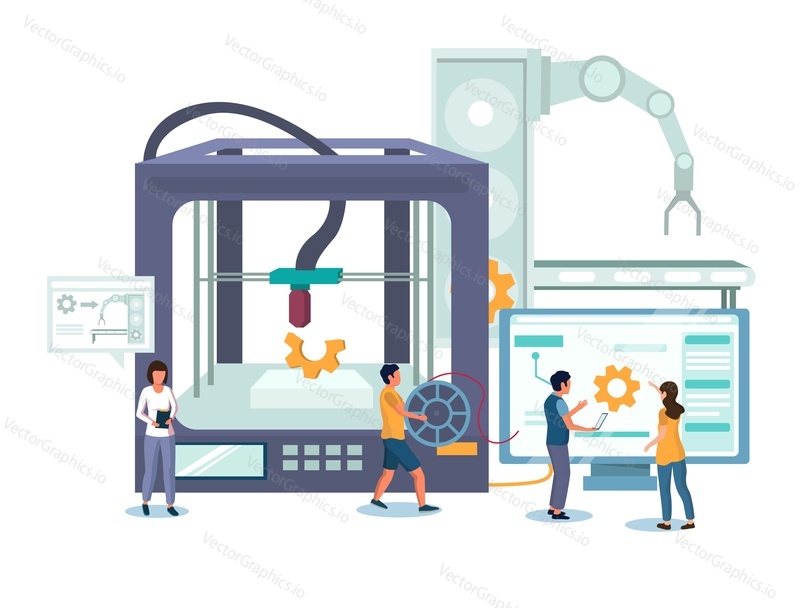3D printer building object from digital computer model, vector illustration. Additive manufacturing technology concept for web banner, website page etc.