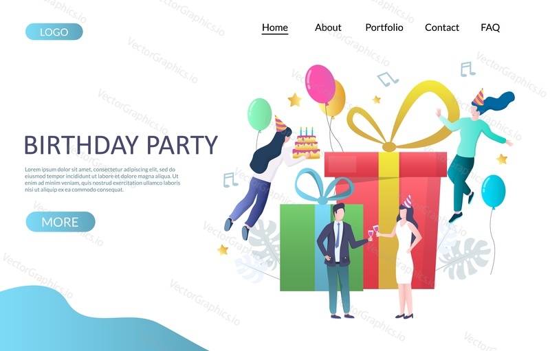 Birthday party vector website template, web page and landing page design for website and mobile site development. Huge gift boxes and happy micro male and female characters with cake, wine glasses.