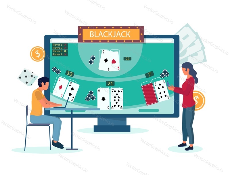 Huge computer monitor with playing cards on screen, male and female characters playing internet blackjack game from laptop and mobile phone. Online blackjack gambling concept for website page etc.