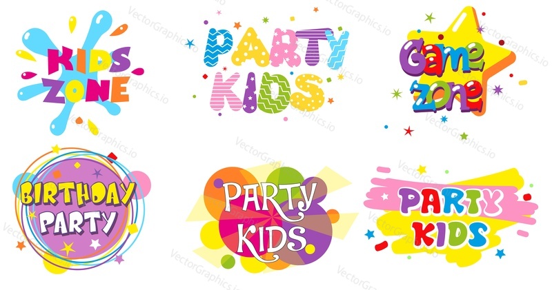 Birthday party kids zone color label banner set, vector illustration isolated on white background. Creative bright hand lettering typography for party invitation, children playground, game room logo.