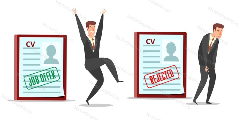 Resume cv with job offer and rejected stamps, happy and sad businessmen cartoon characters, vector flat style design illustration. Employment, human resources, recruitment, hiring concept.
