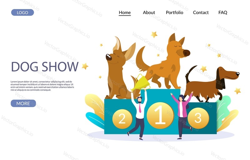 Dog show vector website template, web page and landing page design for website and mobile site development. Happy owners and their champion dogs standing on winner pedestal. Puppy breed exhibition.