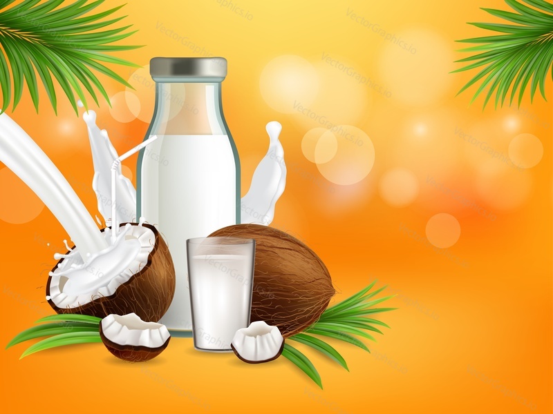 Organic coconut milk poster banner template. Vector realistic composition of milk bottle, cocos, coconut milk splashes, palm leaves and copy space. Non dairy vegan product advertising.