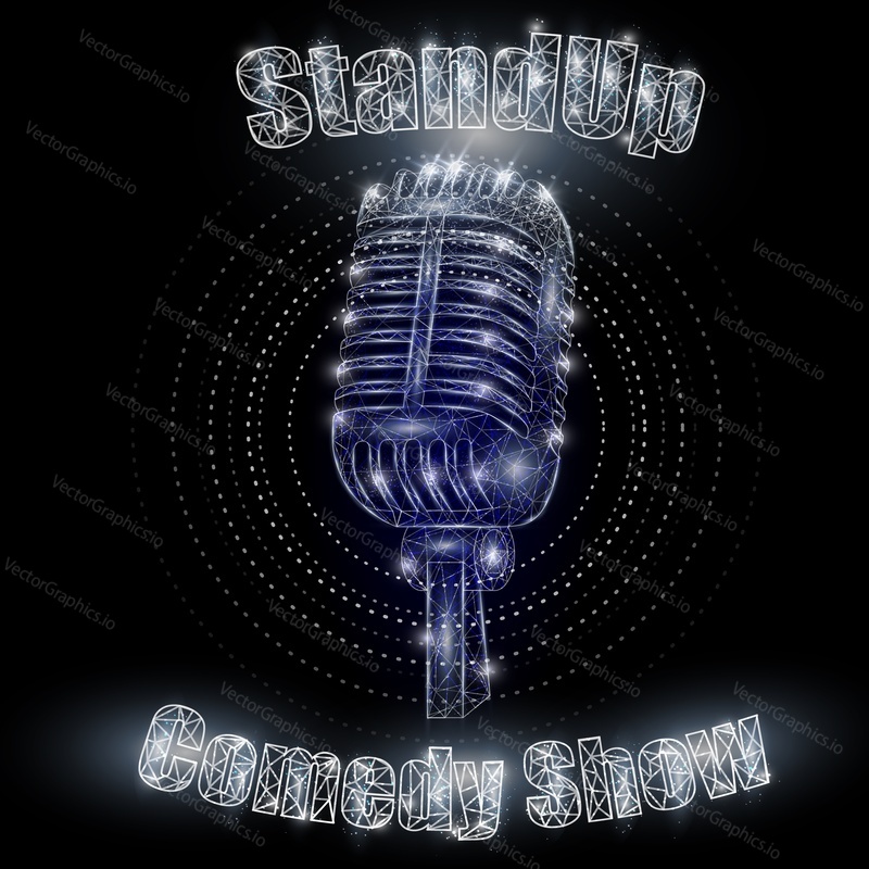 Stand up comedy show sign, vector low poly wireframe mesh. Standup show retro banner with microphone and glowing lights, polygonal art style illustration.