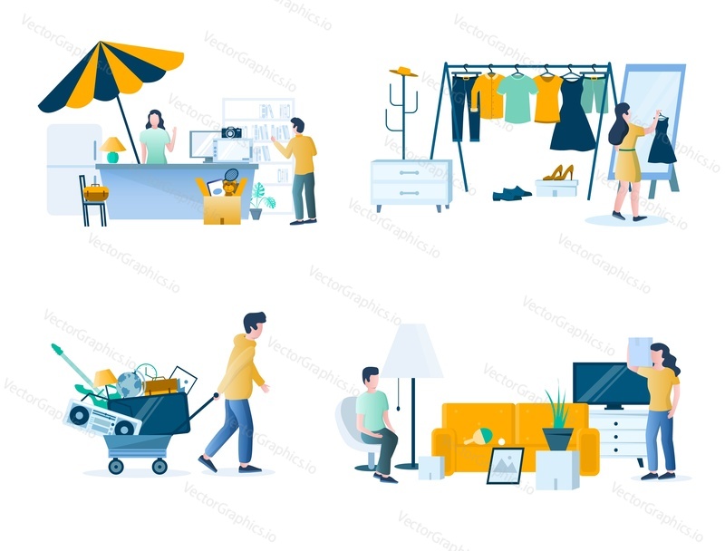 Garage sale composition set, vector isolated illustration. Yard sale of used clothing, sport and household items such as home appliances, books, toys, furniture with characters for website page etc.