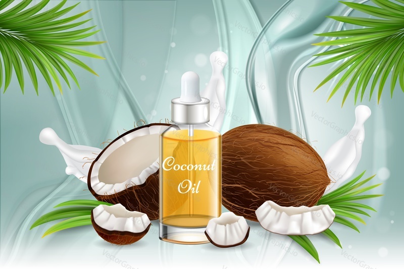 Natural coconut oil poster banner template. Vector realistic composition of oil bottle, cocos, coconut milk splashes, palm leaves and copy space. Organic coconut oil beauty product advertising.