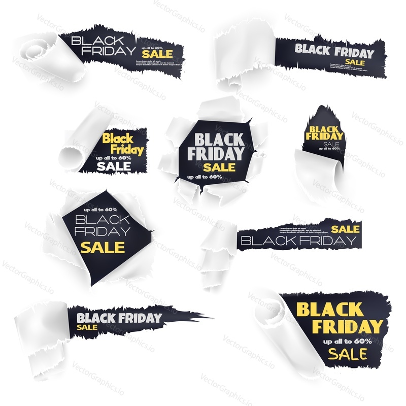 Black Friday sale discount paper banners, vector illustration isolated on white background. Black Friday labels, stickers.