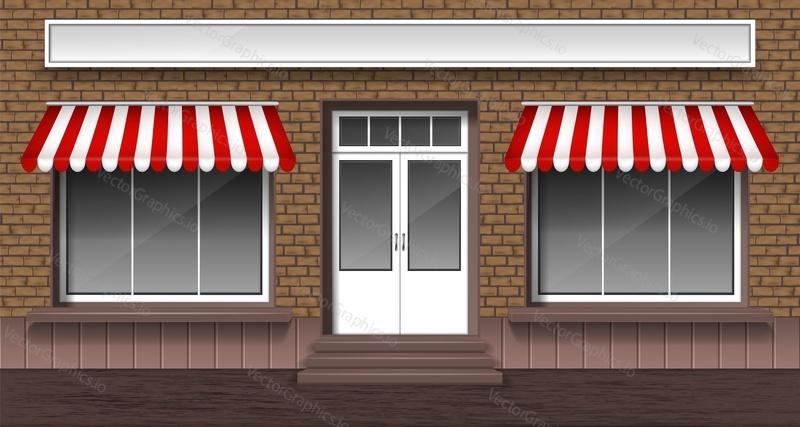 Cafe, bakery or shop facade with entrance door and glass windows with striped awnings, vector illustration. Small street shop exterior, brick storefront.