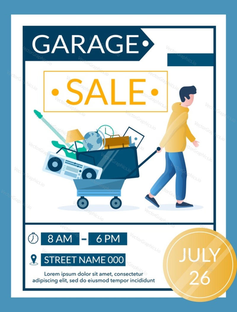 Garage sale vector banner template. Man pulling cart with old household appliances and other used items. Yard sale event advertisement poster with time, date and address indication.