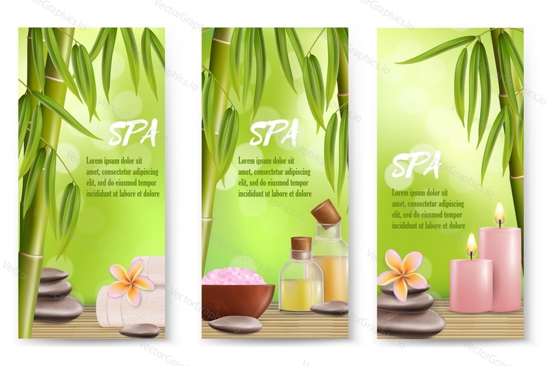 Spa vector banner template set. Realistic bamboo stalks with leaves, salt, stones, massage oil, aroma candles and flowers. Spa beauty wellness invitation flyer or advertising poster.