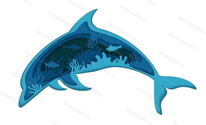 Double exposure vector layered paper cut jumping dolphin silhouette and underwater sea cave with coral reef, fish. Beautiful trendy marine composition for card, poster, banner, website page etc.
