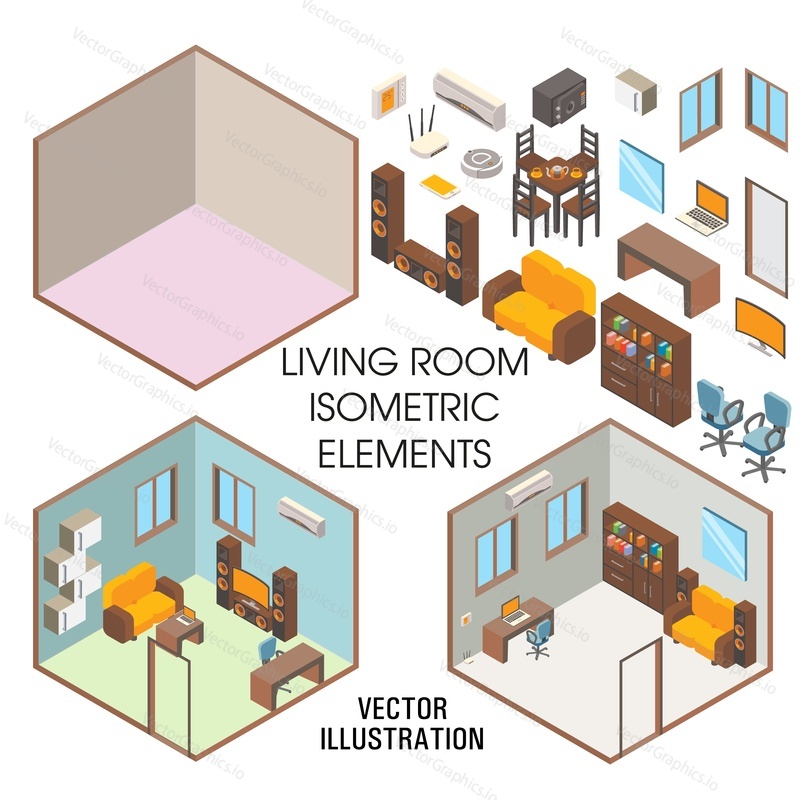 Living room interior constructor, vector flat isolated illustration. Isometric cutaway rooms empty and with furniture, windows, door, laptop, home theater, bookcase etc. Smart home appliances, iot.