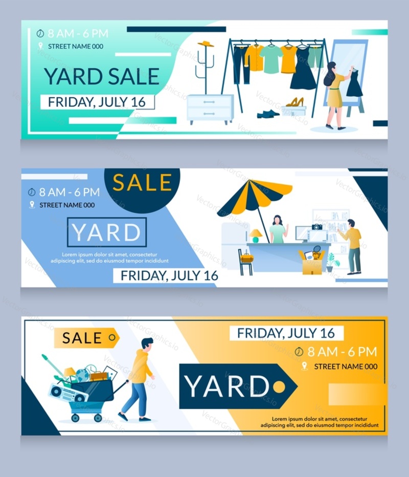 Yard sale vector web banner template set. People sellers and buyers cartoon characters selling and choosing clothes and other used goods. Garage, tag or moving sale concept.