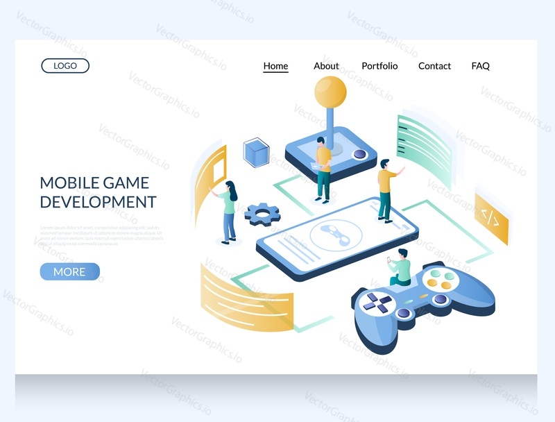 Mobile game development vector website template, web page and landing page design for website and mobile site development. Gaming industry isometric concept.