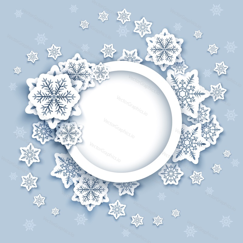 Merry Christmas Happy New Year vector poster design template. Decorative winter frame with paper cut snowflakes and copy space.