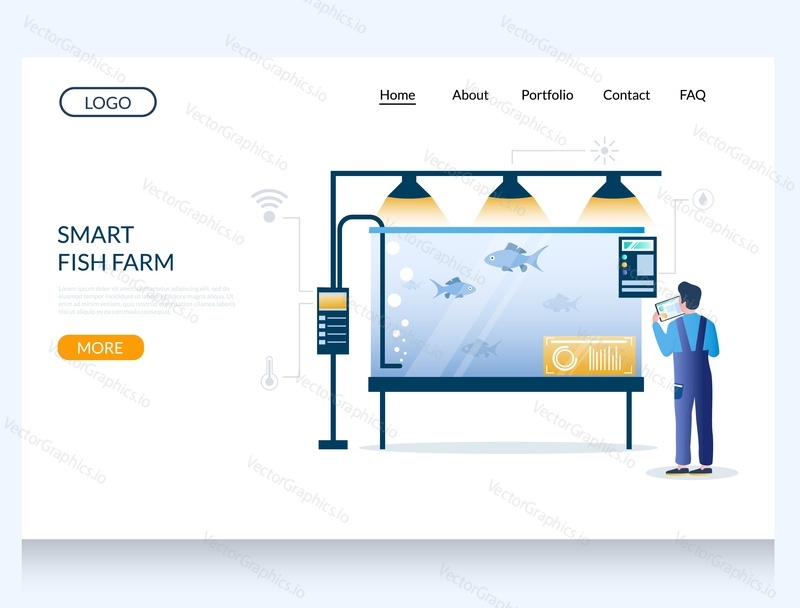 Smart fish farm vector website template, web page and landing page design for website and mobile site development. New smart fish farming technology concept.