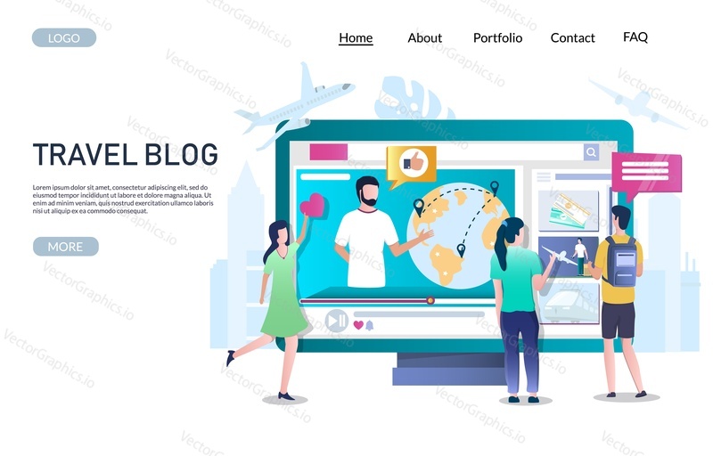 Travel blog vector website template, web page and landing page design for website and mobile site development. Blogging concept with traveler blogger vlogger and followers giving comments and likes.