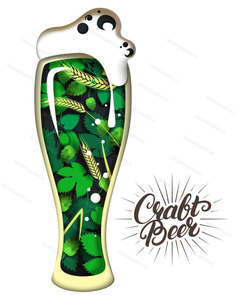 Beer mug with foam and hop branches, wheat ears inside, vector illustration in paper art style. Craft beer hand lettering typography. Creative beer composition for brewery, menu, poster, banner etc.