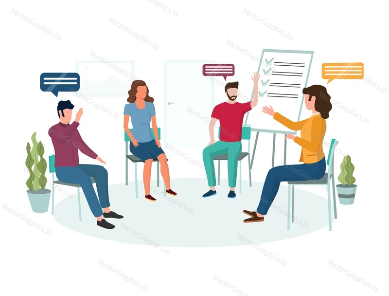 Female psychologist counseling group of young people suffering from depression, panic disorder, social anxiety, other problems, vector illustration. Group psychotherapy concept for website page etc.