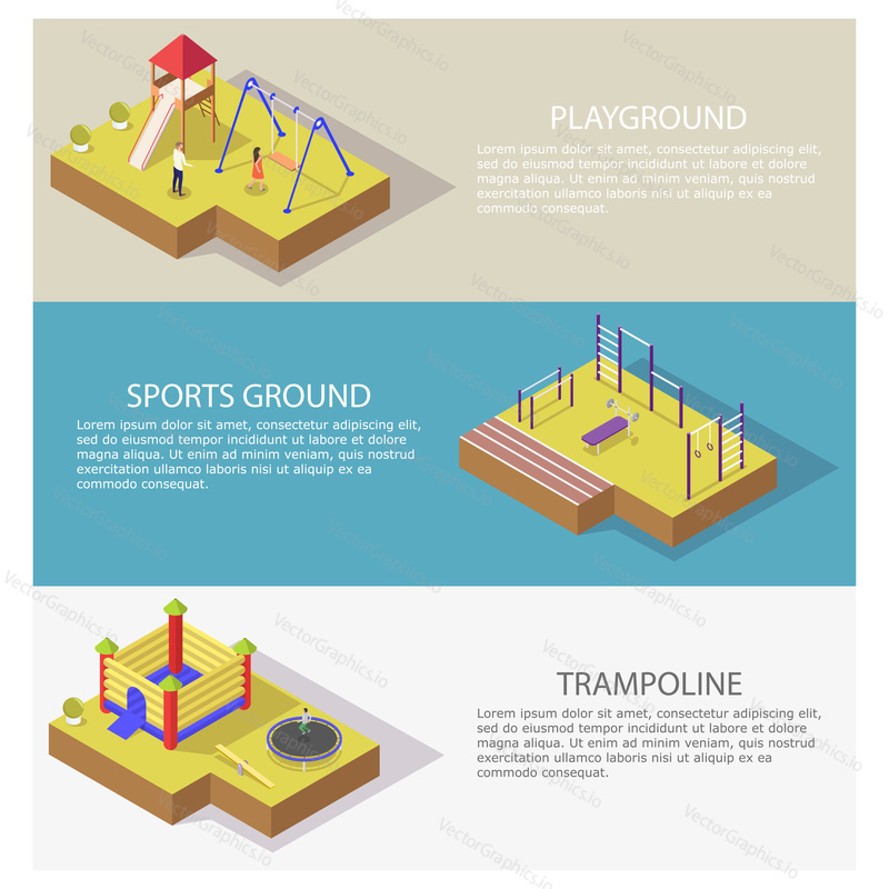 Sports and recreation vector web banner template set. Isometric trampoline, kids playground and sports ground outdoor workout equipment.
