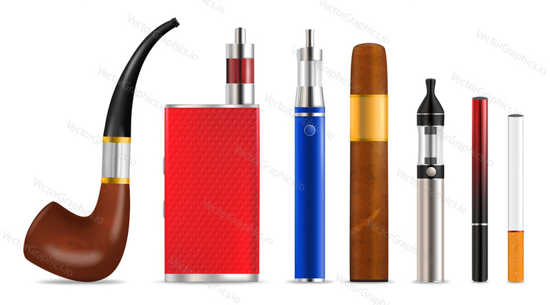 Smoking and vaping cigarette icon set, vector illustration isolated on white background. Smoking pipe, vaper, cigar, e-cigarettes or vapes and cigarettes.