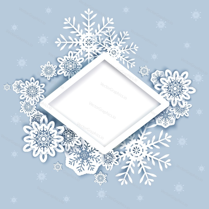 Merry Christmas Happy New Year vector poster design template. Decorative frame with paper cut snowflakes and copy space. Christmas and New Year holidays background.